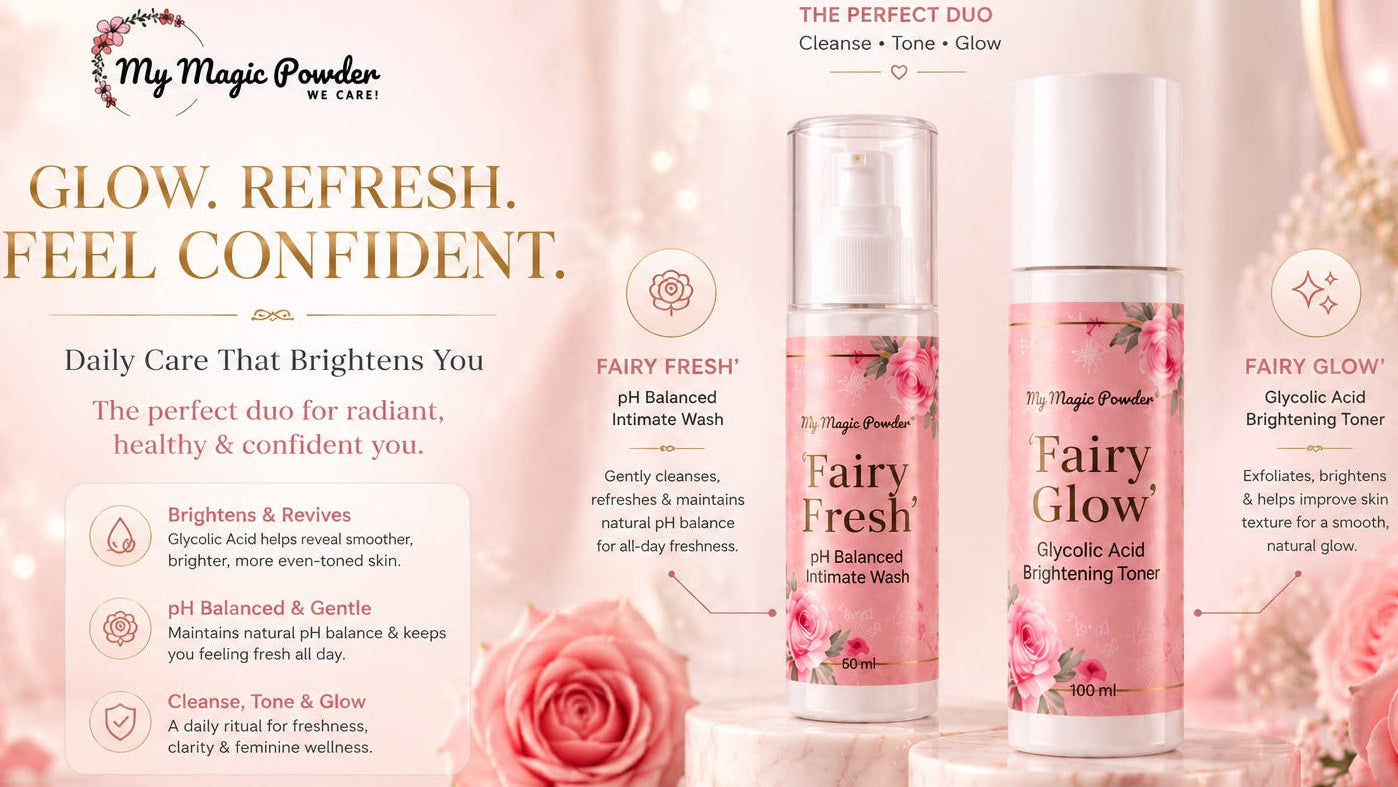 Cosmetic products with 'My Magic Powder' branding on a soft pink background
