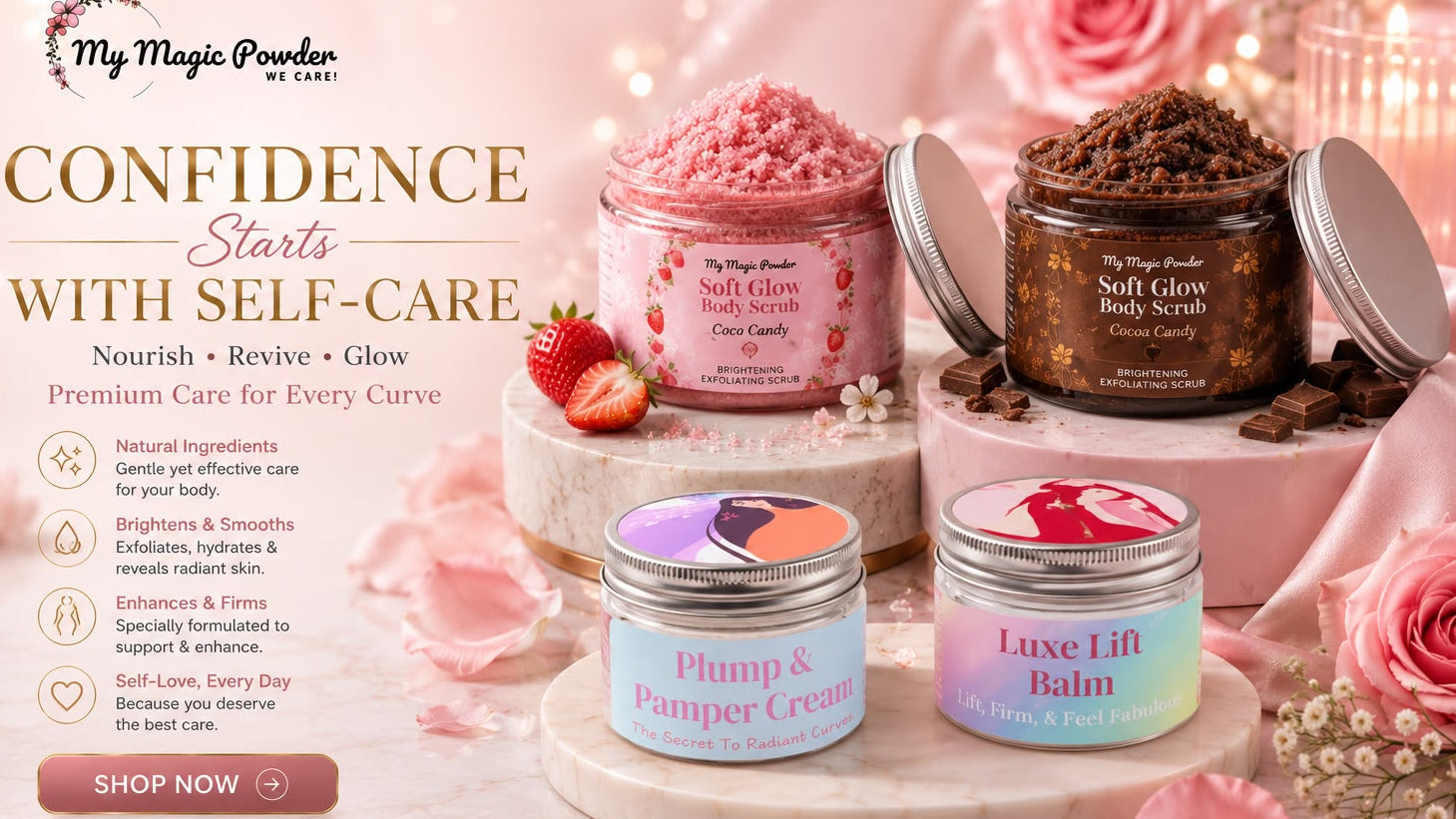 My Magic Powder self-care products with promotional text on a decorative background