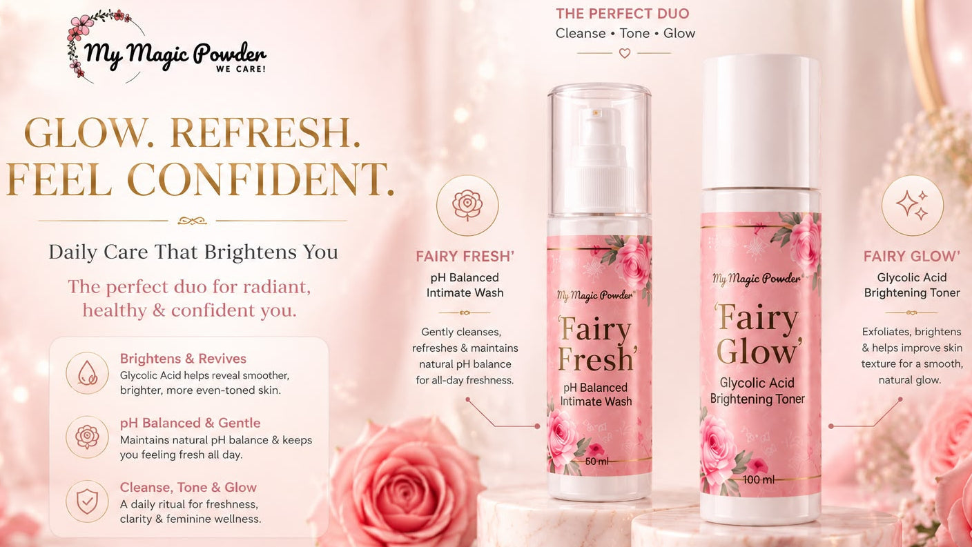 Cosmetic products with 'My Magic Powder' branding on a soft pink background