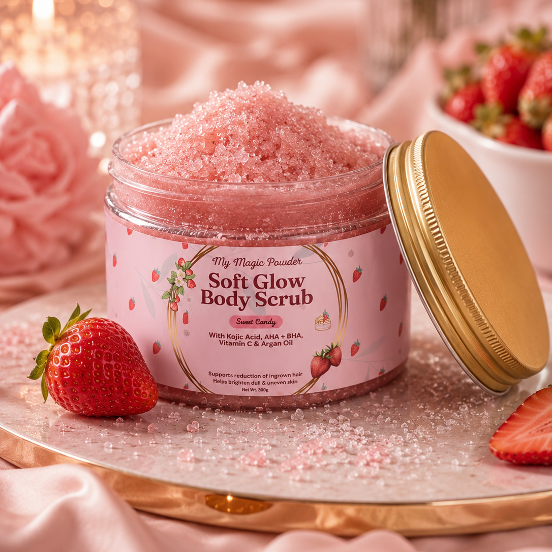 Jar of soft glow body scrub with strawberries on a decorative table