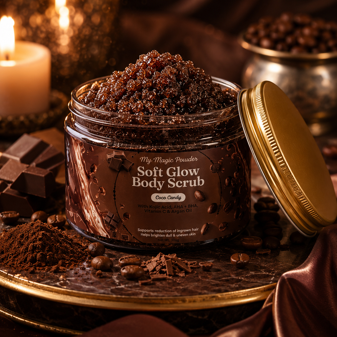 Jar of soft glow body scrub with chocolate elements on a dark background