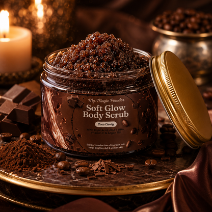 Jar of soft glow body scrub with chocolate elements on a dark background