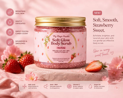 Jar of 'My Magic Powder' body scrub with strawberry theme and product details on a pink background.