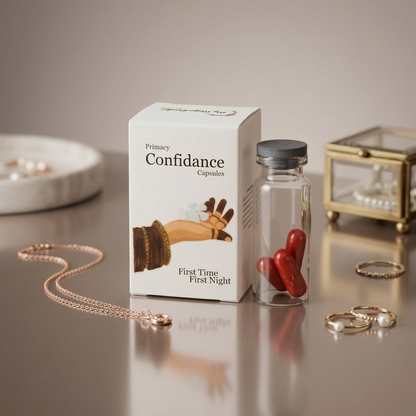 Product packaging labeled 'Confidance' with a bottle and jewelry on a reflective surface.