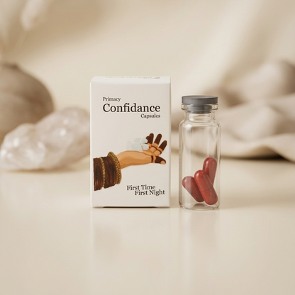 Glass bottle with red capsules and packaging labeled 'Primacy Confidance' on a neutral background