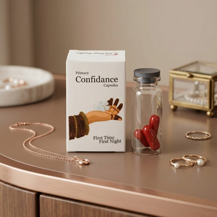 Product packaging labeled 'Confidance' on a surface with jewelry and a box.