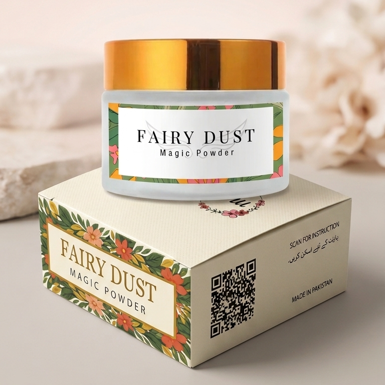 Jar of 'Fairy Dust Magic Powder' with packaging on a light background