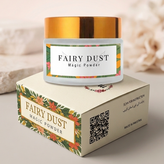 Jar of 'Fairy Dust Magic Powder' with packaging on a light background