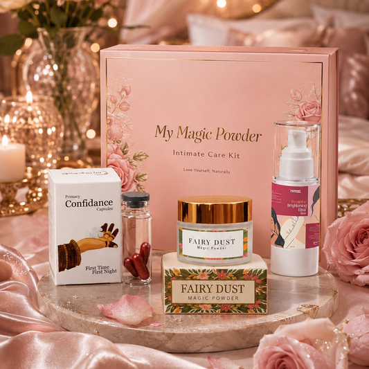Intimate care products including 'My Magic Powder' and 'Fairy Dust' on a decorative table with flowers and candles.