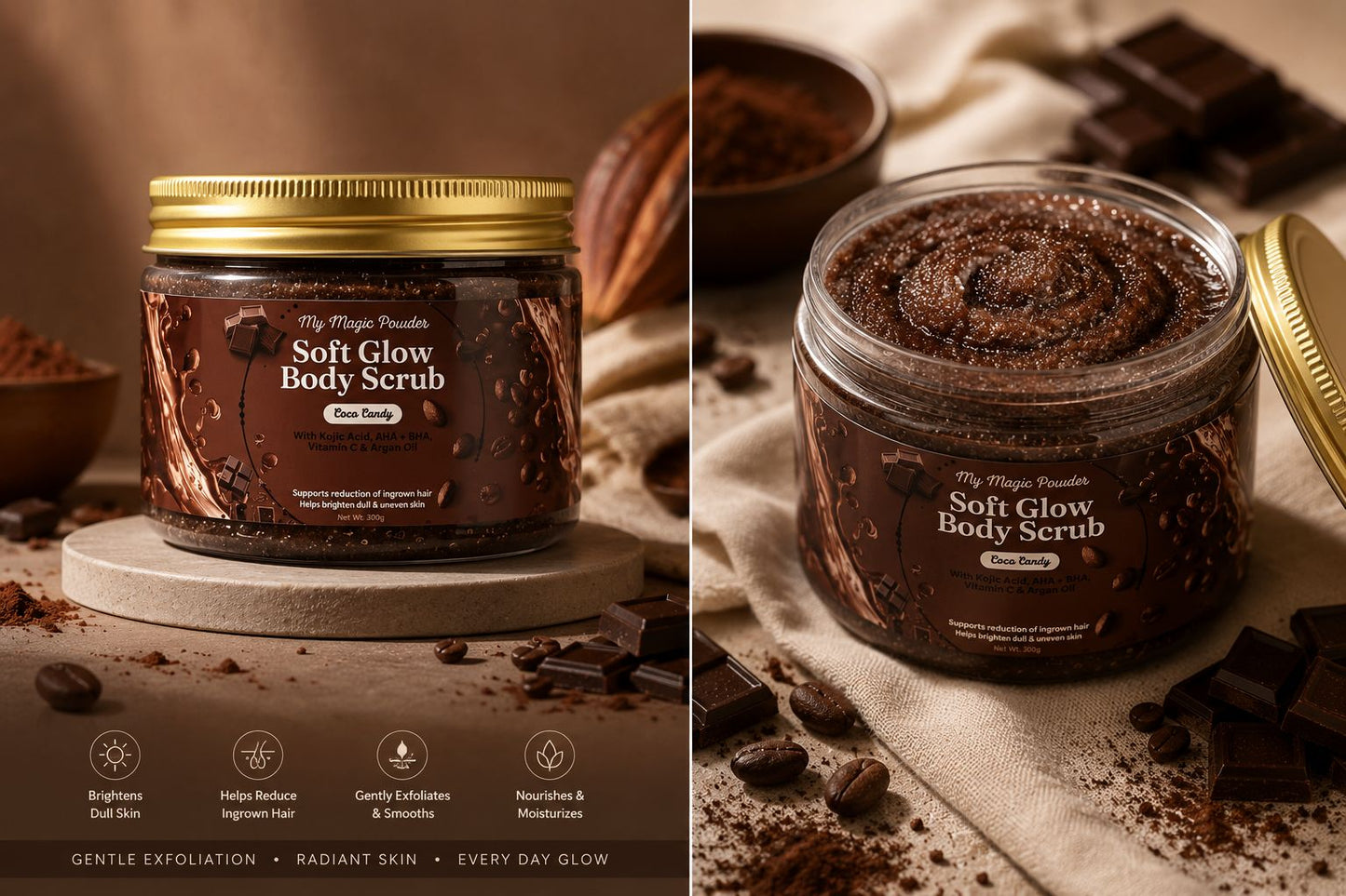 Two images of a 'Soft Glow Body Scrub' with cocoa beans and chocolate pieces.