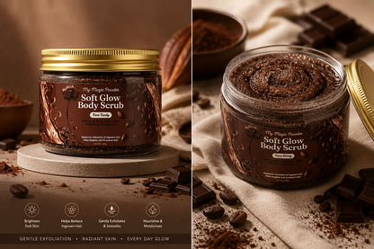 Two images of a 'Soft Glow Body Scrub' with cocoa beans and chocolate pieces.